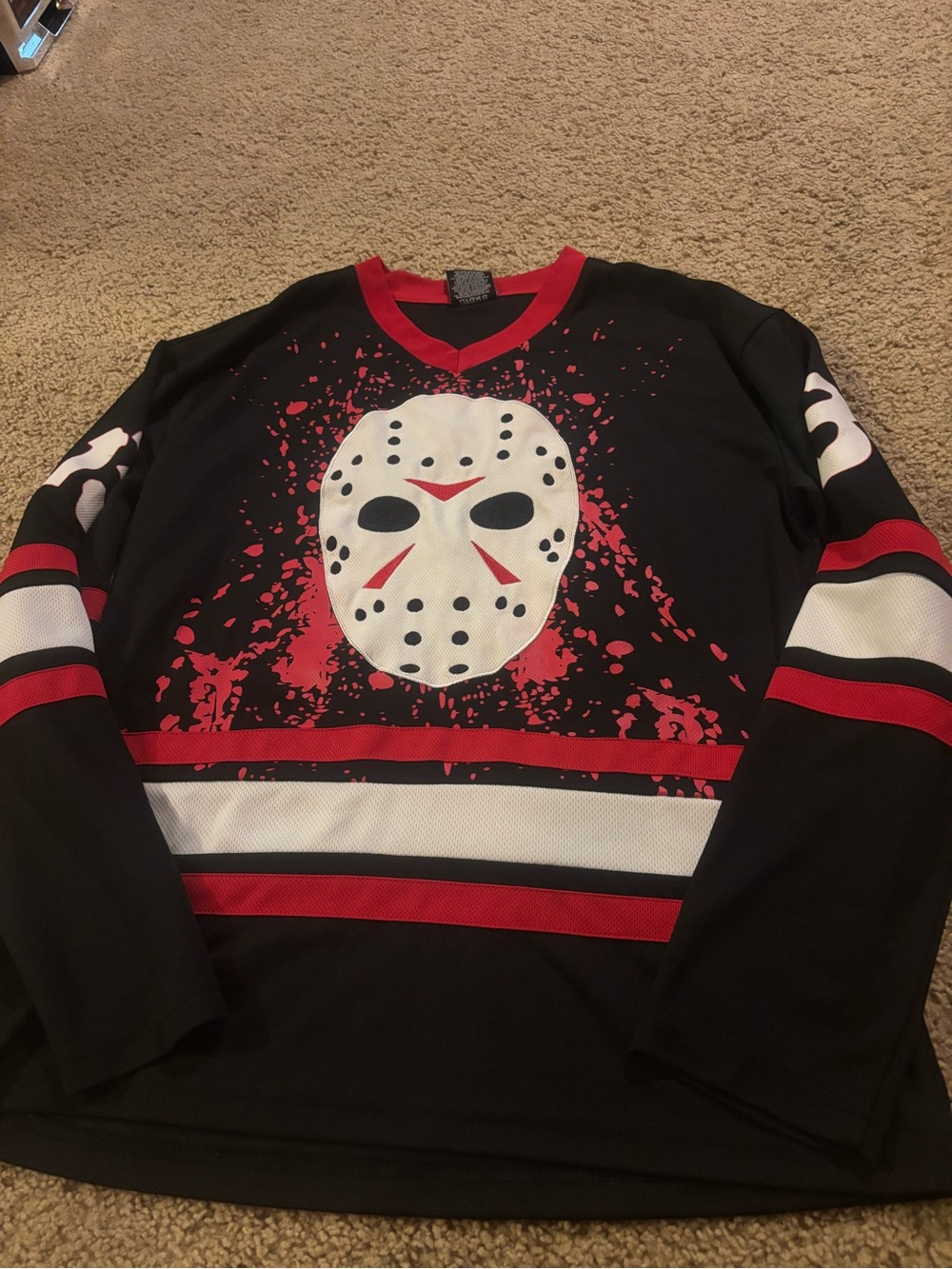 Men's Black V-Neck Hockey-Style jersey with Red & White Mask Graphic